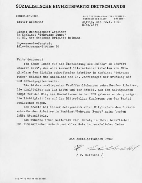 Brief von Ulbricht (Quelle: Literaturzentrum Neubrandenburg)